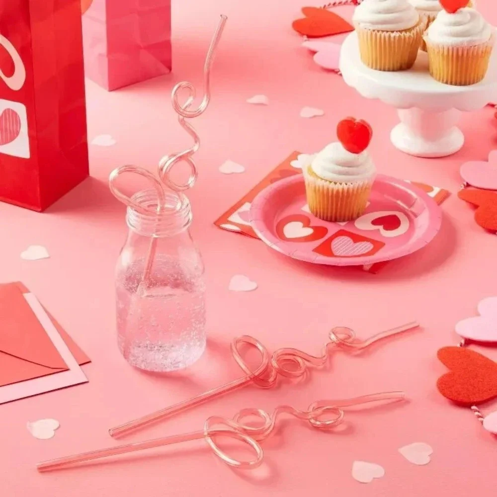 Spritz Heart Shaped Pink Love Script Straws 3ct Reusable Plastic Drinkware Party